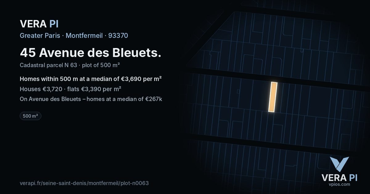 45 Avenue des Bleuets, Montfermeil at night – the plot lit, the parcels around coloured by the prices near them