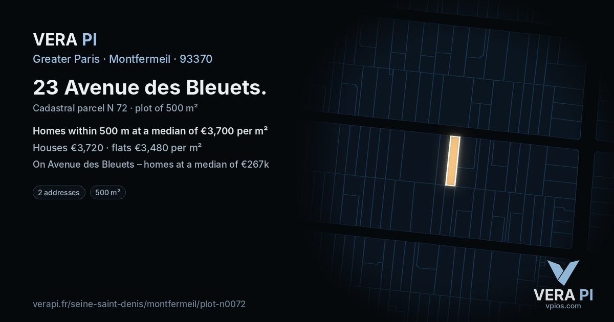 23 Avenue des Bleuets, Montfermeil at night – the plot lit, the parcels around coloured by the prices near them