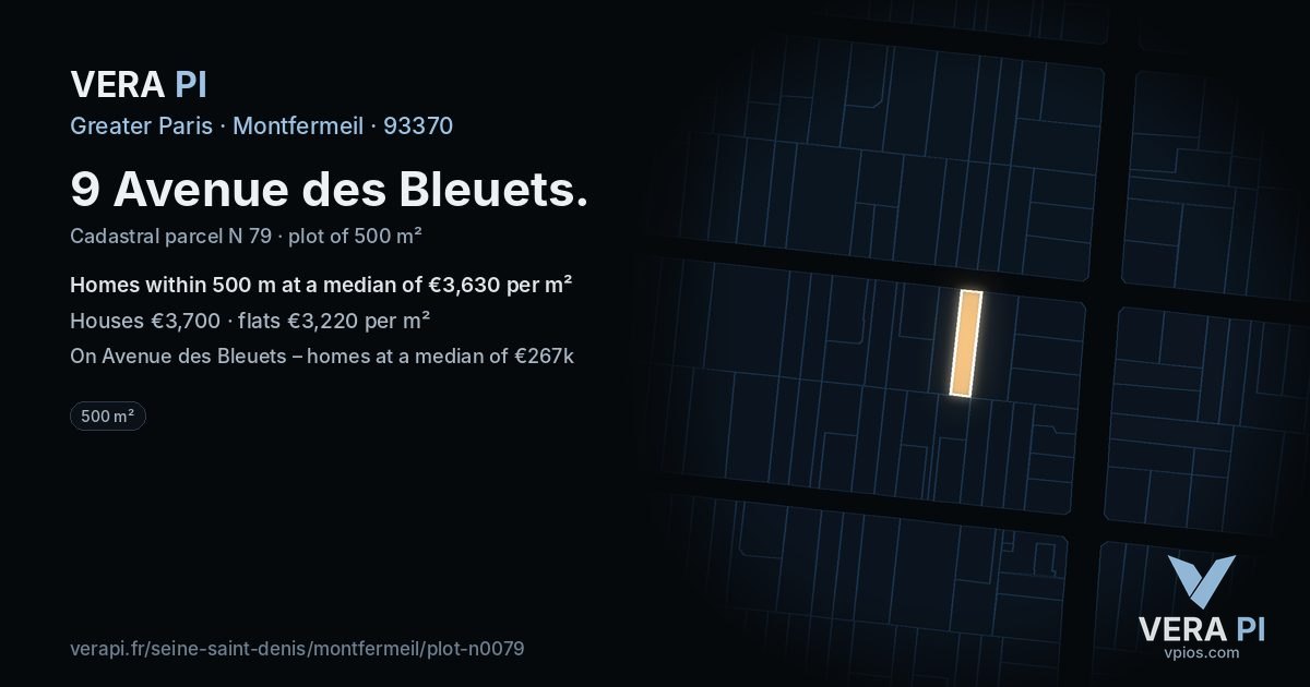 9 Avenue des Bleuets, Montfermeil at night – the plot lit, the parcels around coloured by the prices near them