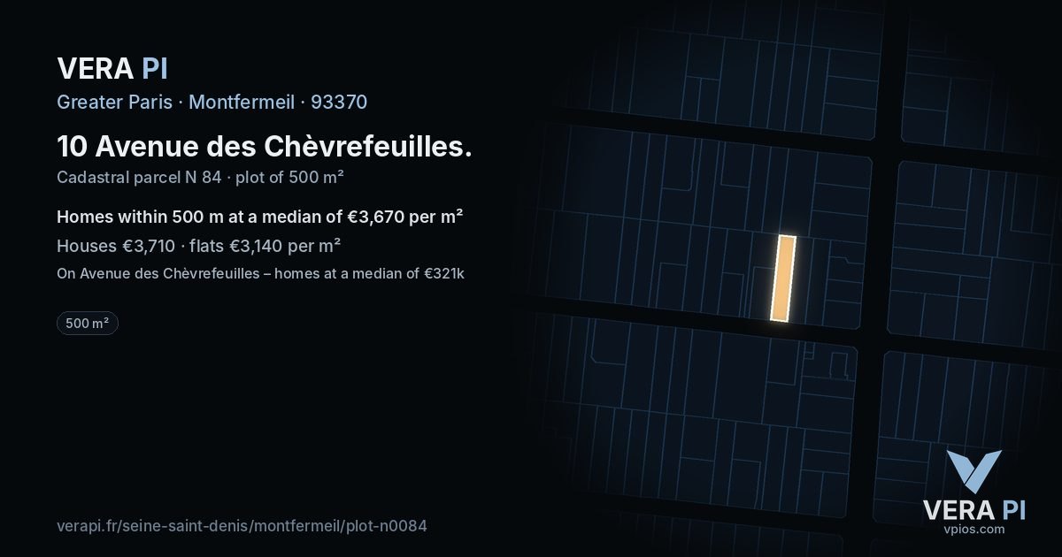 10 Avenue des Chèvrefeuilles, Montfermeil at night – the plot lit, the parcels around coloured by the prices near them