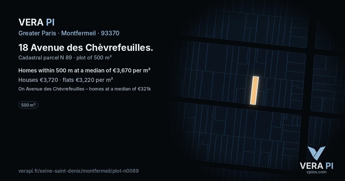 18 Avenue des Chèvrefeuilles, Montfermeil at night – the plot lit, the parcels around coloured by the prices near them