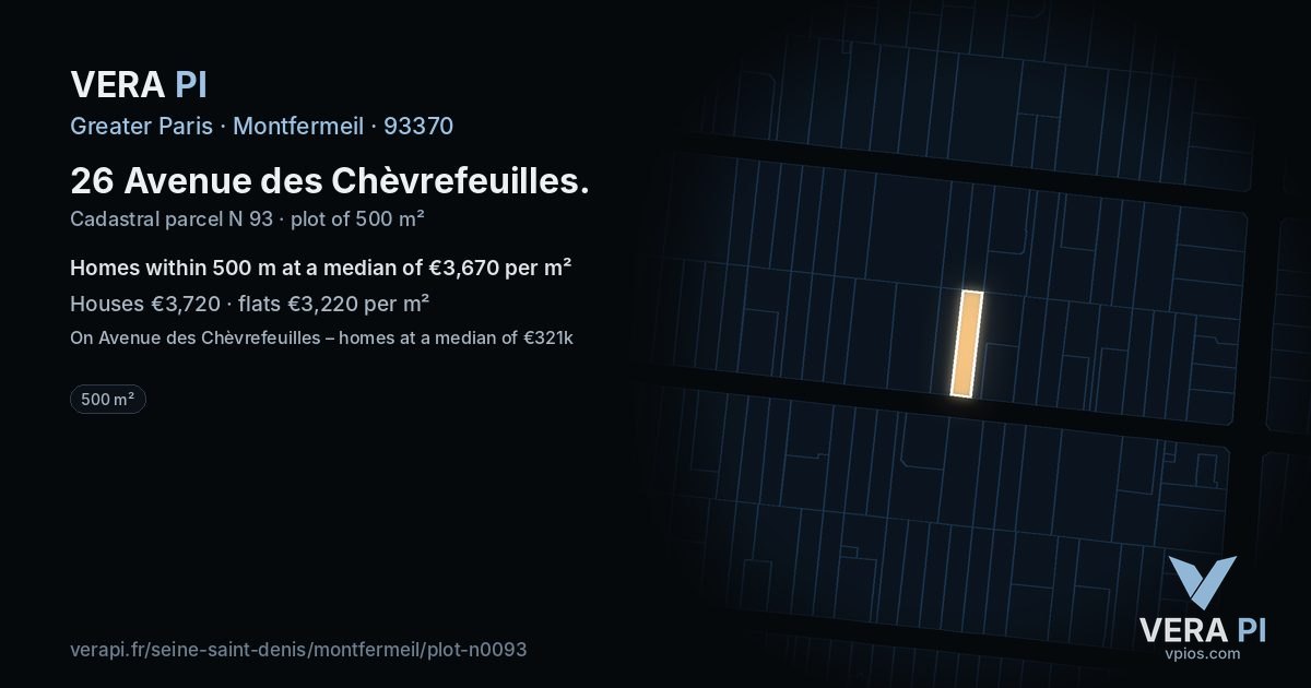 26 Avenue des Chèvrefeuilles, Montfermeil at night – the plot lit, the parcels around coloured by the prices near them