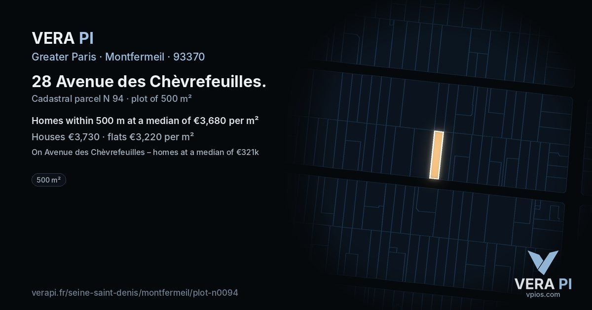 28 Avenue des Chèvrefeuilles, Montfermeil at night – the plot lit, the parcels around coloured by the prices near them