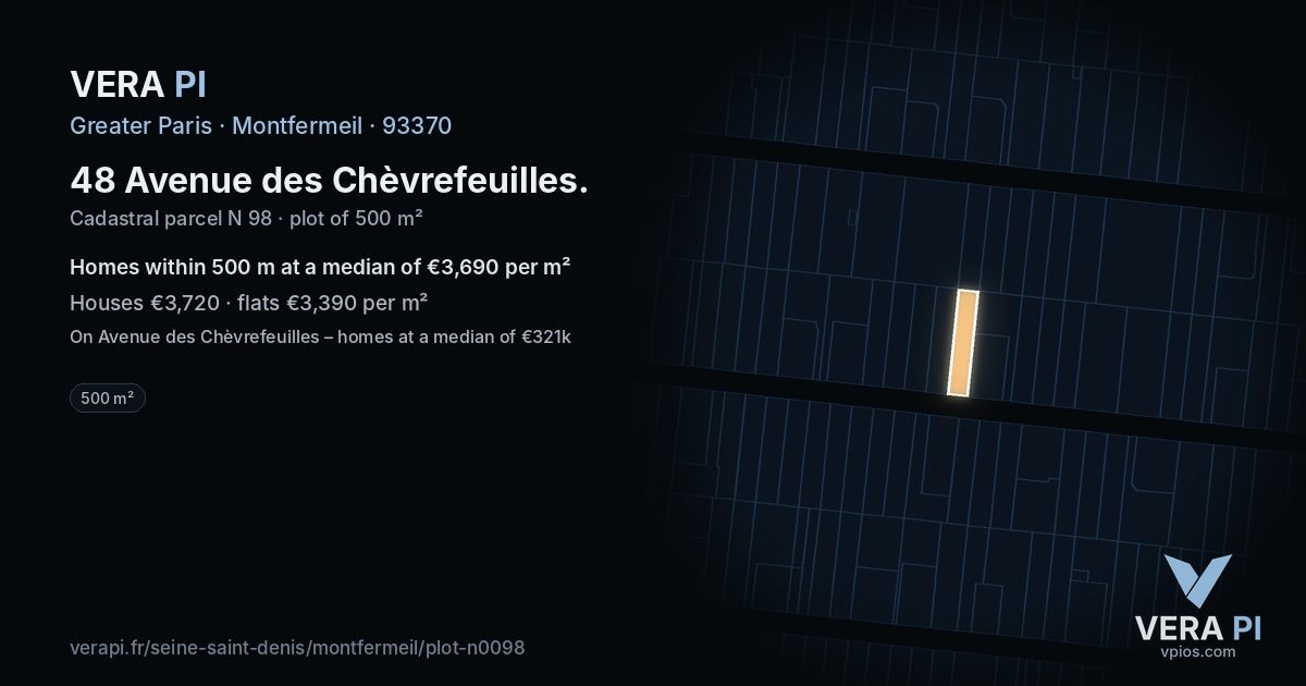 48 Avenue des Chèvrefeuilles, Montfermeil at night – the plot lit, the parcels around coloured by the prices near them