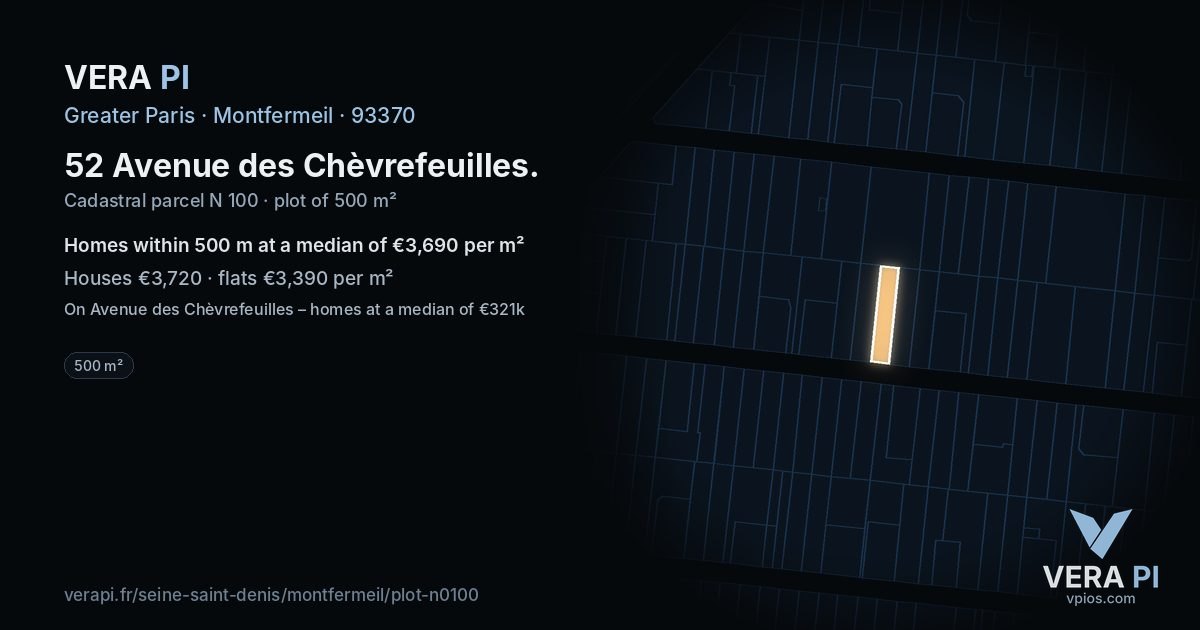 52 Avenue des Chèvrefeuilles, Montfermeil at night – the plot lit, the parcels around coloured by the prices near them