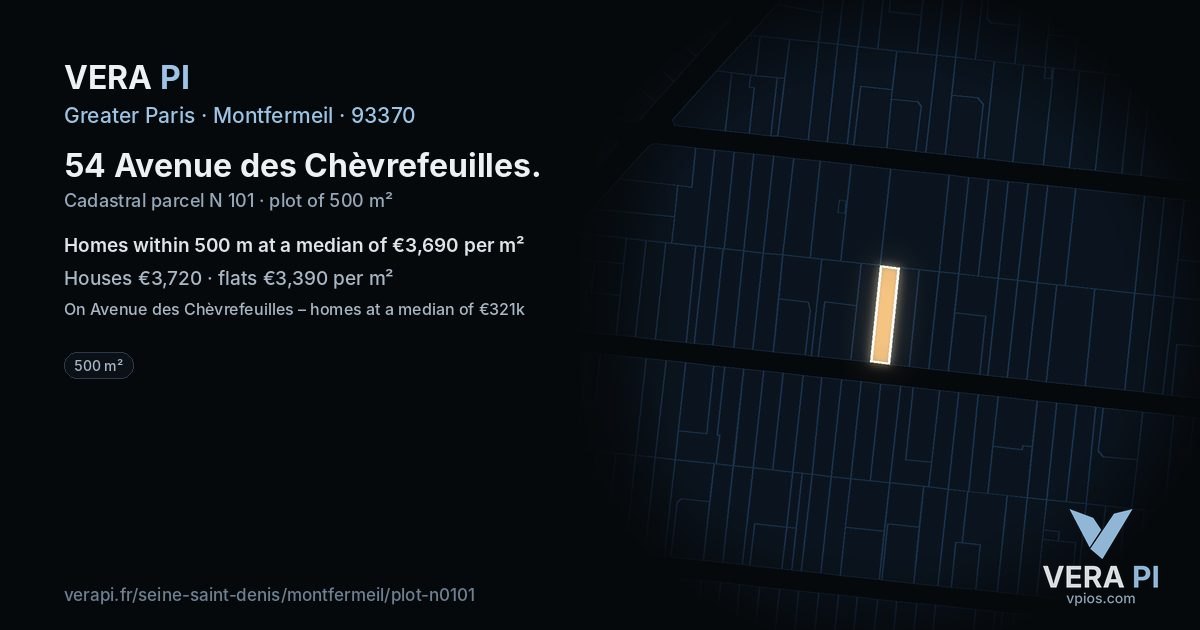 54 Avenue des Chèvrefeuilles, Montfermeil at night – the plot lit, the parcels around coloured by the prices near them