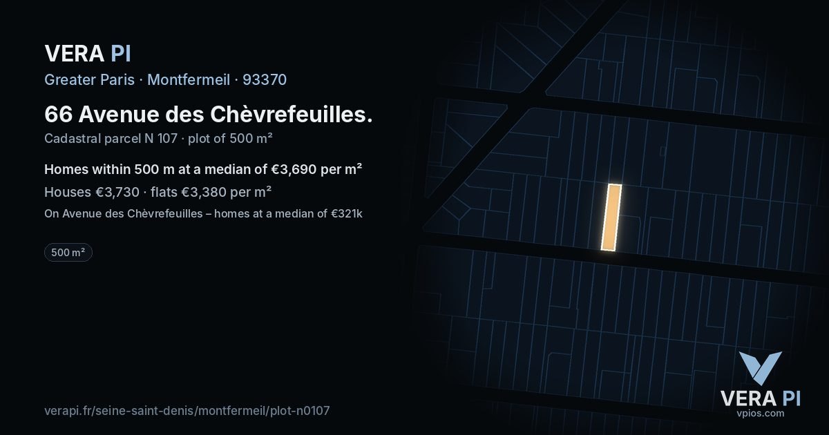 66 Avenue des Chèvrefeuilles, Montfermeil at night – the plot lit, the parcels around coloured by the prices near them