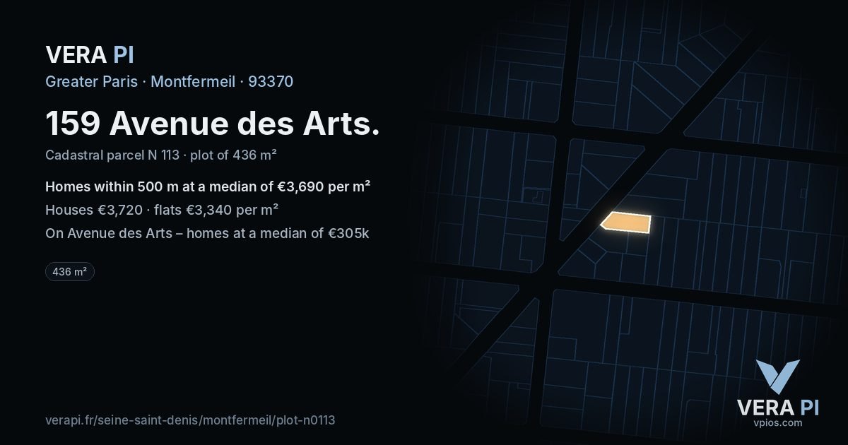 159 Avenue des Arts, Montfermeil at night – the plot lit, the parcels around coloured by the prices near them