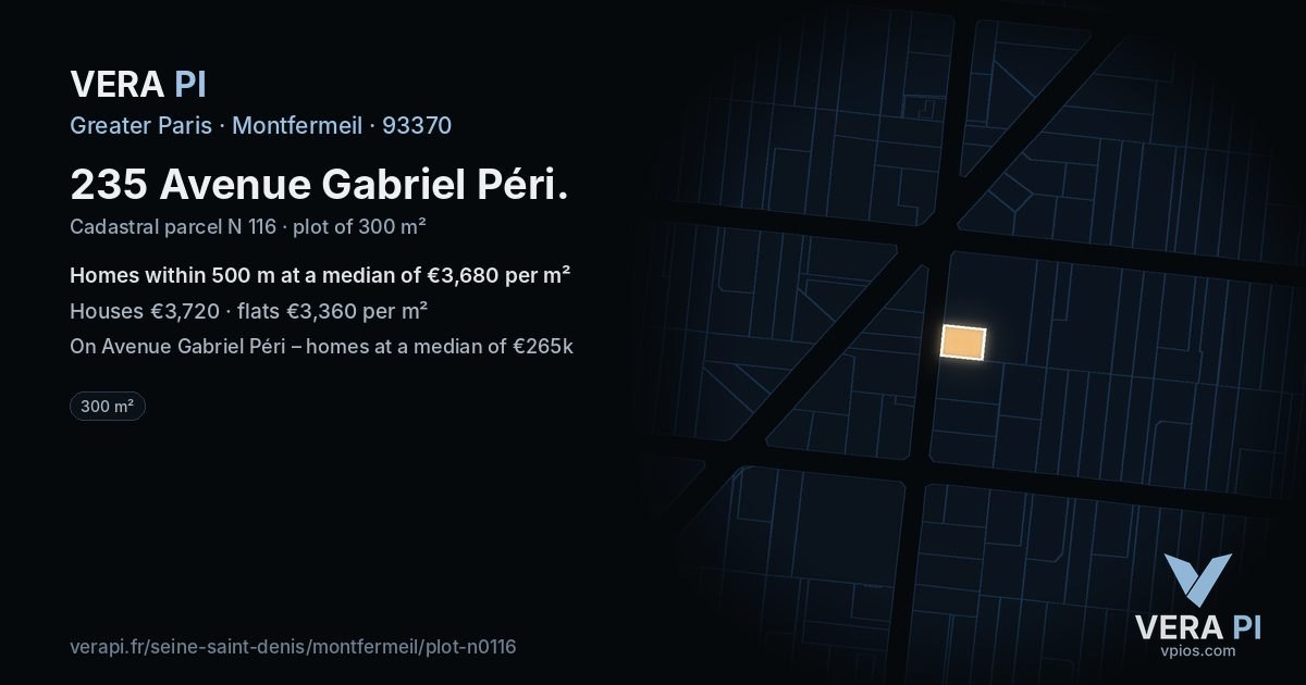 235 Avenue Gabriel Péri, Montfermeil at night – the plot lit, the parcels around coloured by the prices near them