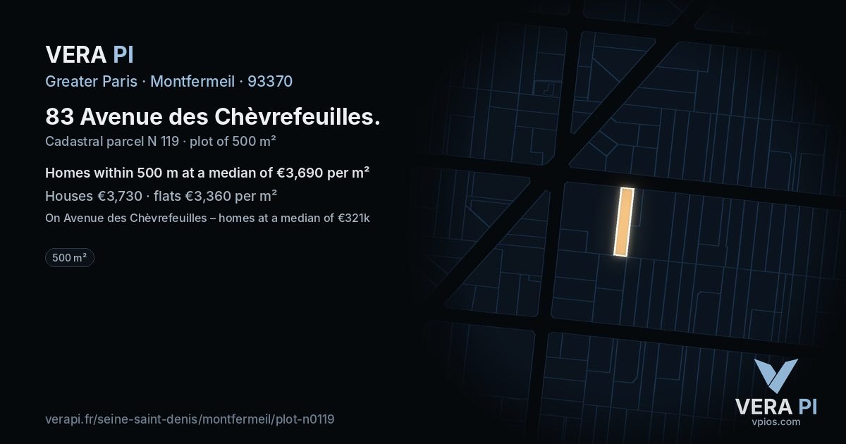 83 Avenue des Chèvrefeuilles, Montfermeil at night – the plot lit, the parcels around coloured by the prices near them