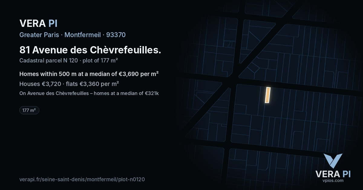 81 Avenue des Chèvrefeuilles, Montfermeil at night – the plot lit, the parcels around coloured by the prices near them