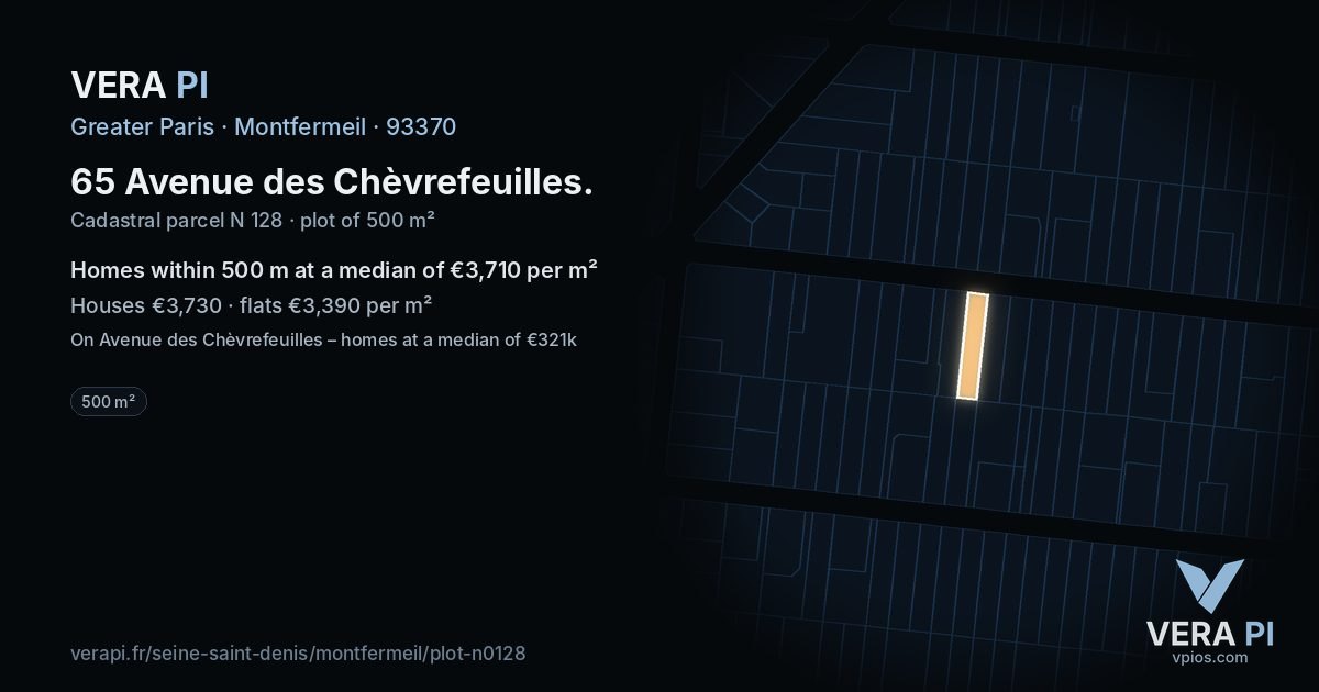 65 Avenue des Chèvrefeuilles, Montfermeil at night – the plot lit, the parcels around coloured by the prices near them