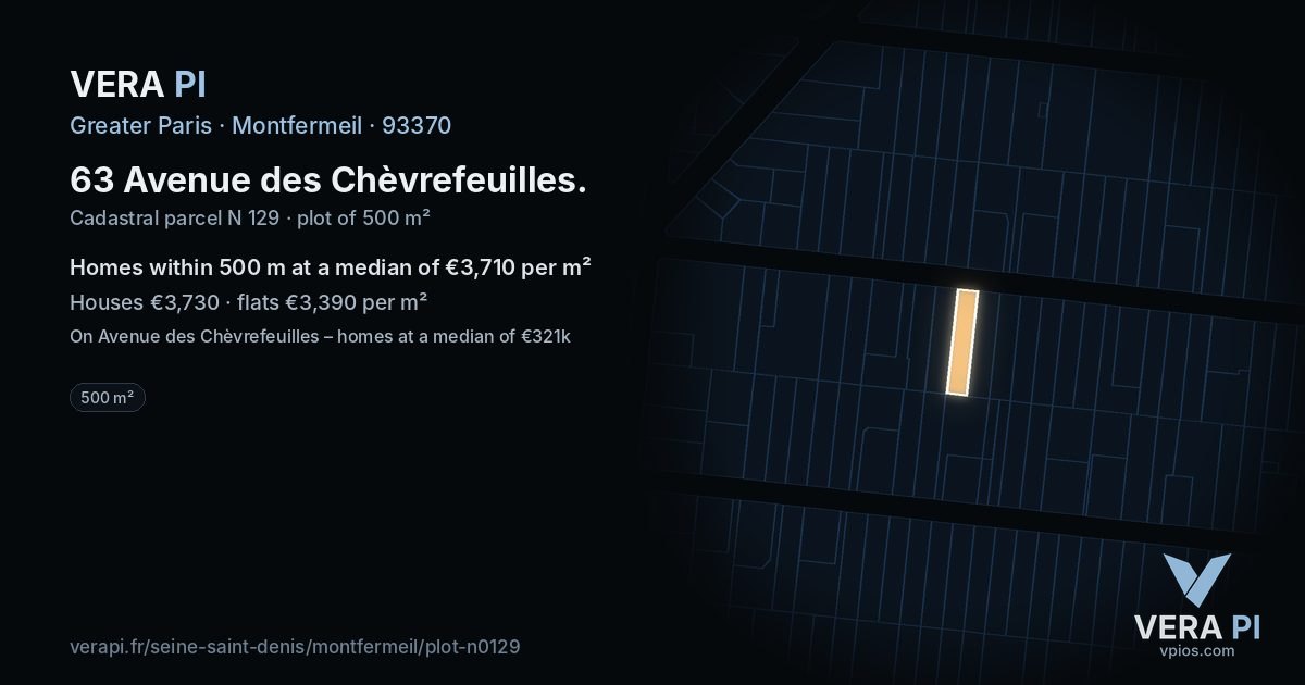 63 Avenue des Chèvrefeuilles, Montfermeil at night – the plot lit, the parcels around coloured by the prices near them