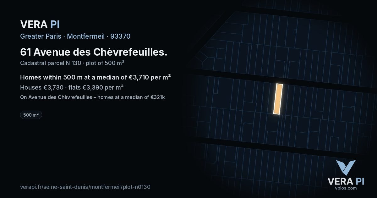 61 Avenue des Chèvrefeuilles, Montfermeil at night – the plot lit, the parcels around coloured by the prices near them