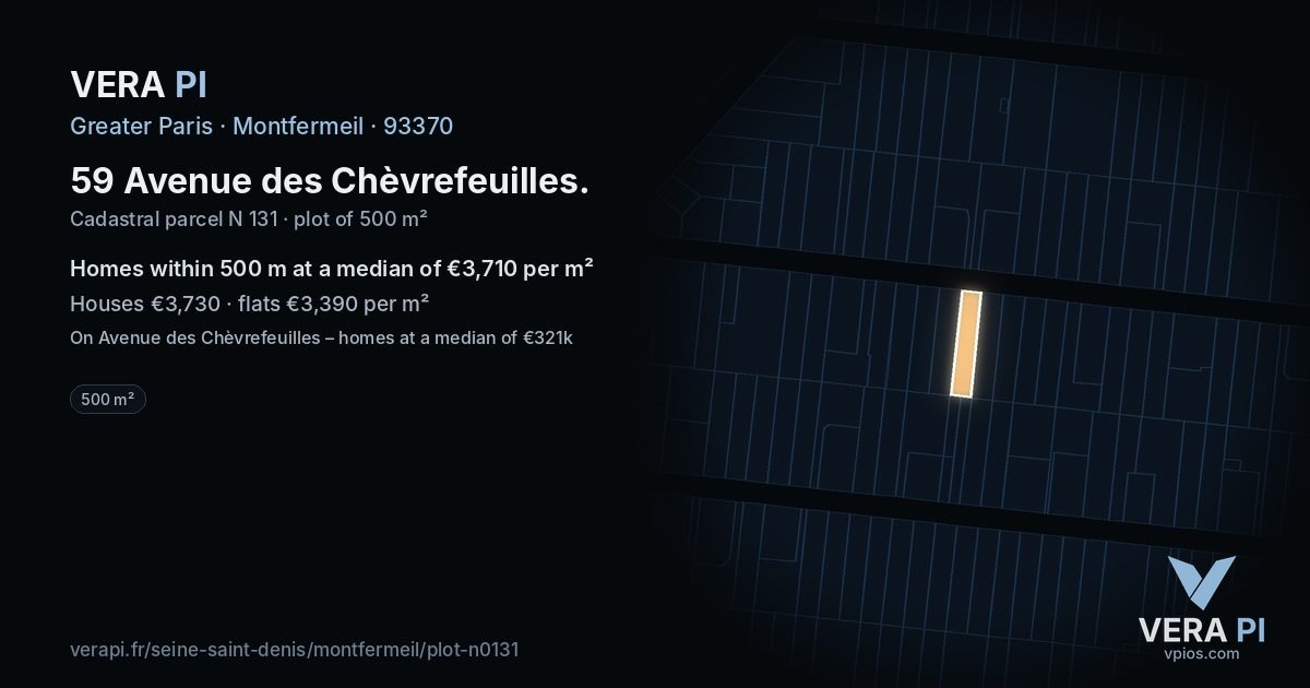 59 Avenue des Chèvrefeuilles, Montfermeil at night – the plot lit, the parcels around coloured by the prices near them