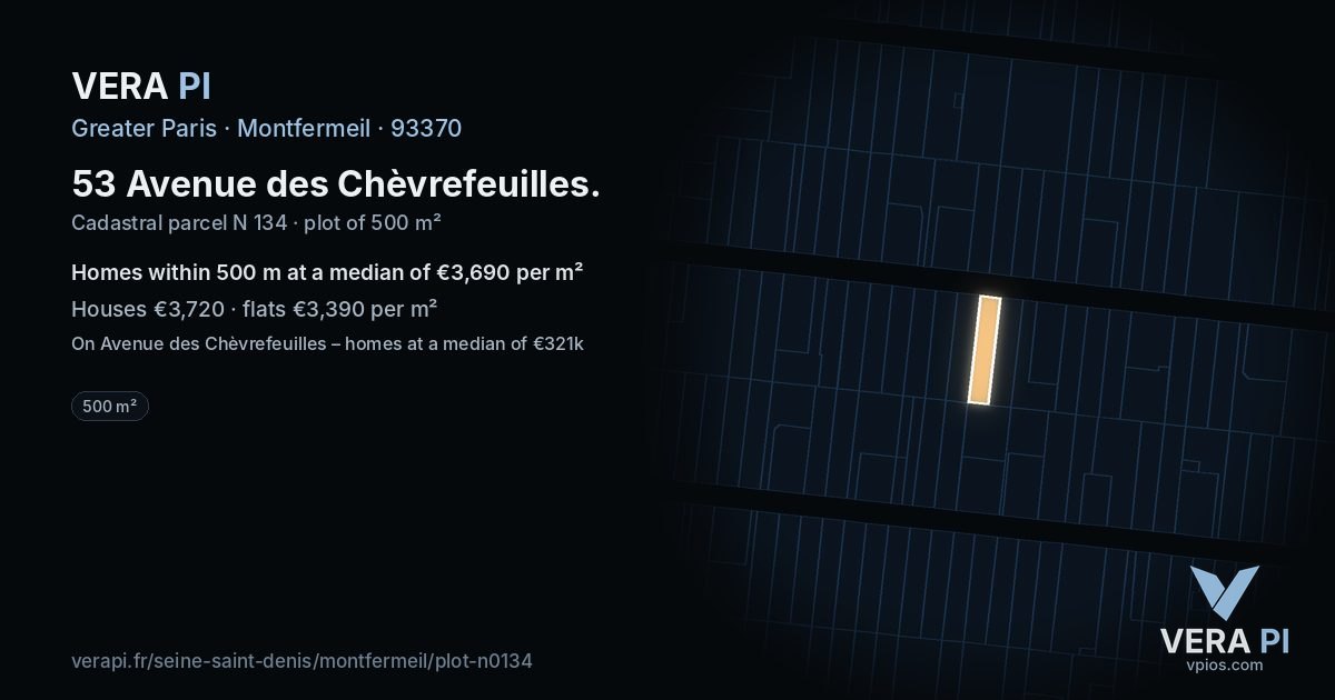 53 Avenue des Chèvrefeuilles, Montfermeil at night – the plot lit, the parcels around coloured by the prices near them