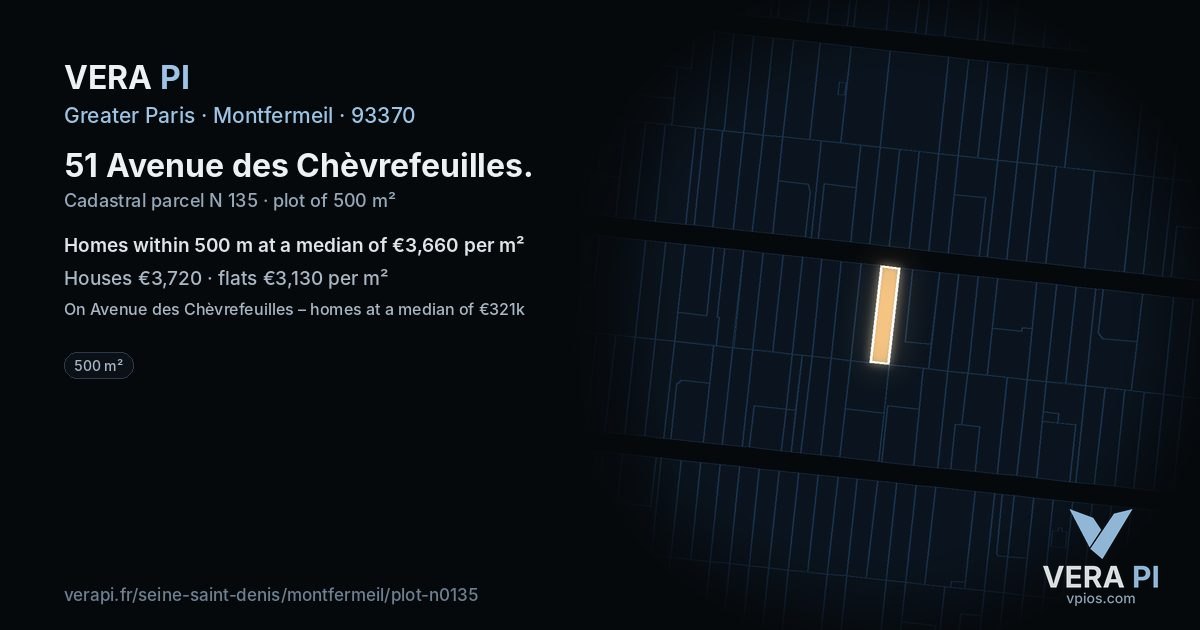 51 Avenue des Chèvrefeuilles, Montfermeil at night – the plot lit, the parcels around coloured by the prices near them