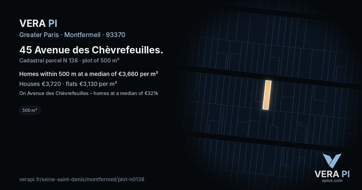 45 Avenue des Chèvrefeuilles, Montfermeil at night – the plot lit, the parcels around coloured by the prices near them