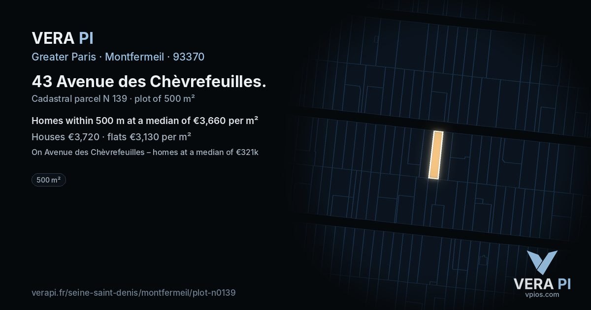 43 Avenue des Chèvrefeuilles, Montfermeil at night – the plot lit, the parcels around coloured by the prices near them