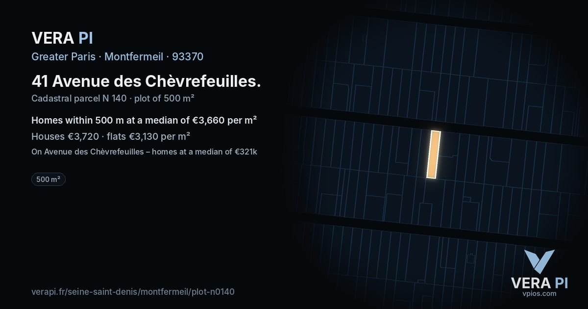 41 Avenue des Chèvrefeuilles, Montfermeil at night – the plot lit, the parcels around coloured by the prices near them