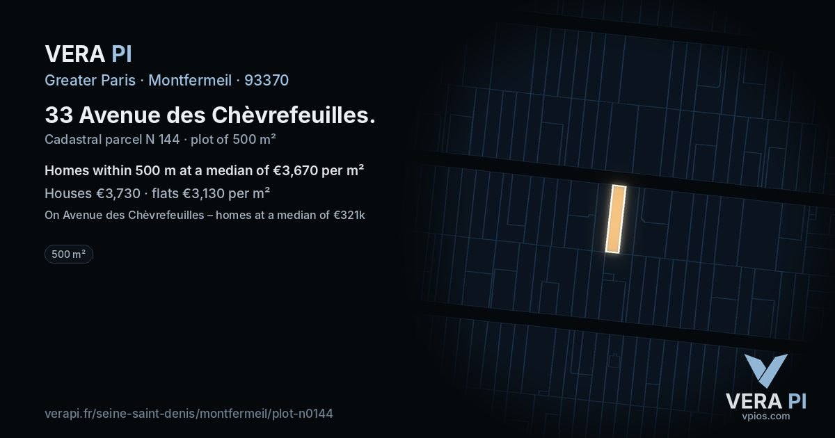 33 Avenue des Chèvrefeuilles, Montfermeil at night – the plot lit, the parcels around coloured by the prices near them