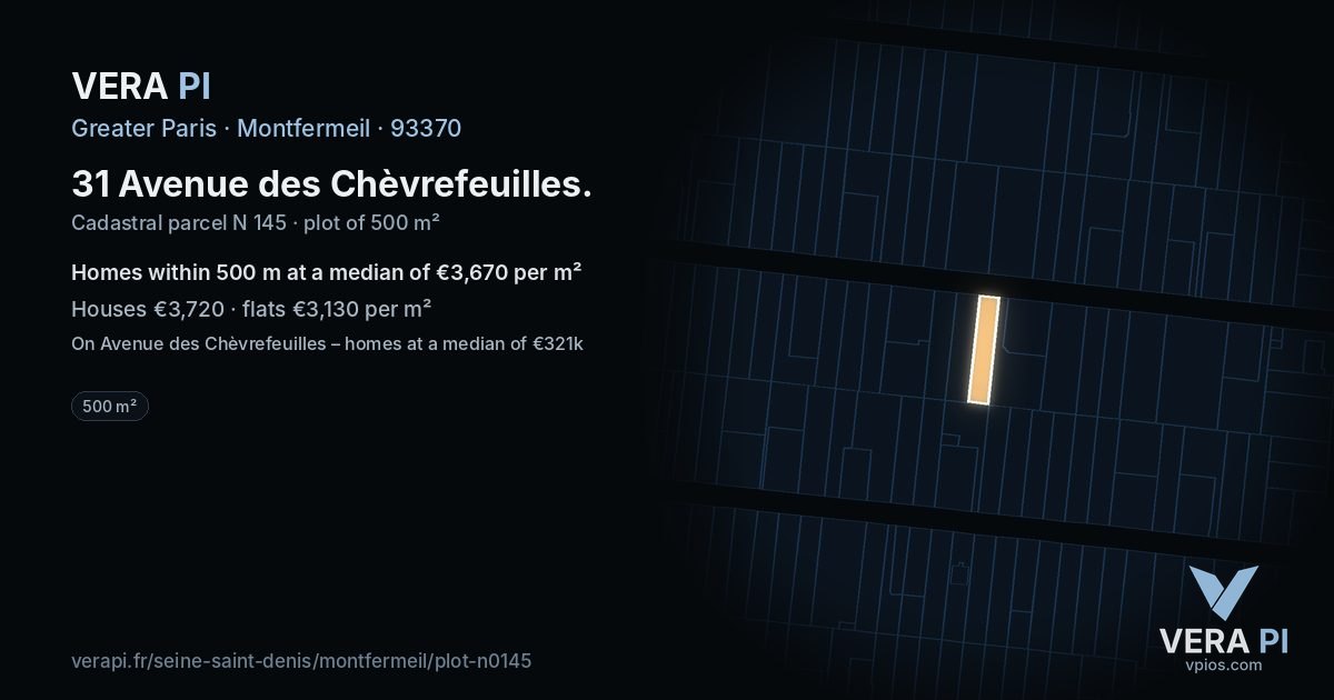 31 Avenue des Chèvrefeuilles, Montfermeil at night – the plot lit, the parcels around coloured by the prices near them