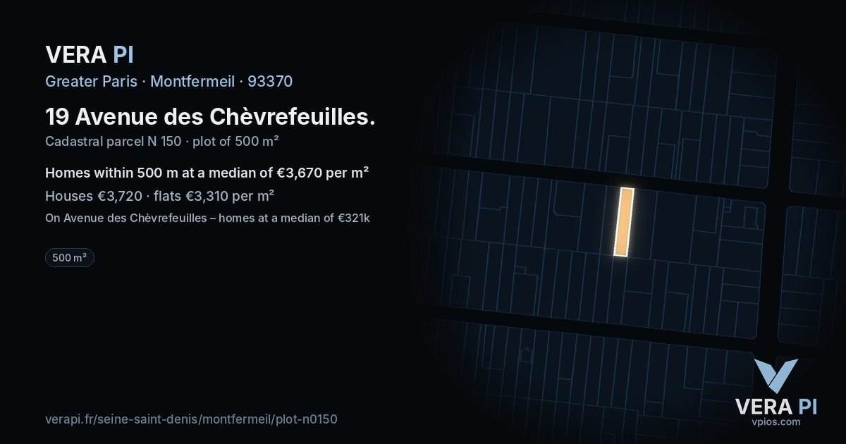 19 Avenue des Chèvrefeuilles, Montfermeil at night – the plot lit, the parcels around coloured by the prices near them