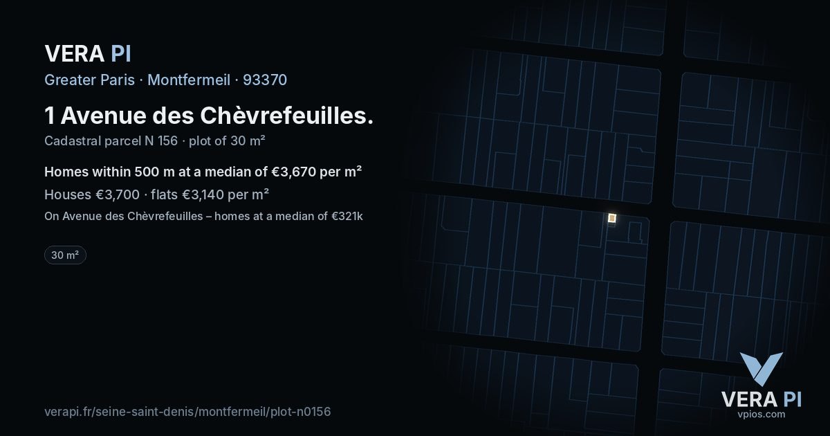 1 Avenue des Chèvrefeuilles, Montfermeil at night – the plot lit, the parcels around coloured by the prices near them