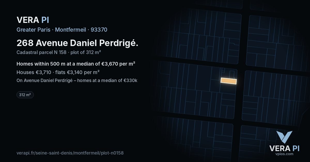 268 Avenue Daniel Perdrigé, Montfermeil at night – the plot lit, the parcels around coloured by the prices near them