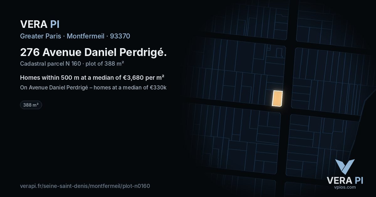 276 Avenue Daniel Perdrigé, Montfermeil at night – the plot lit, the parcels around coloured by the prices near them