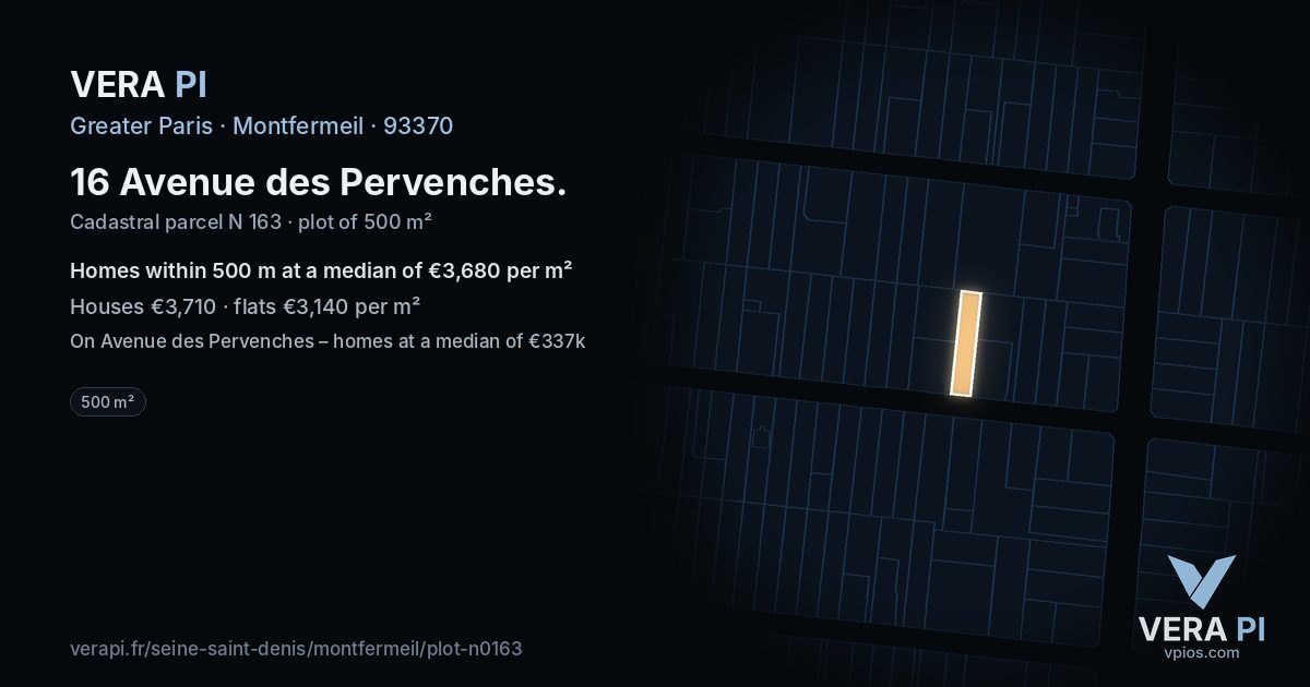 16 Avenue des Pervenches, Montfermeil at night – the plot lit, the parcels around coloured by the prices near them