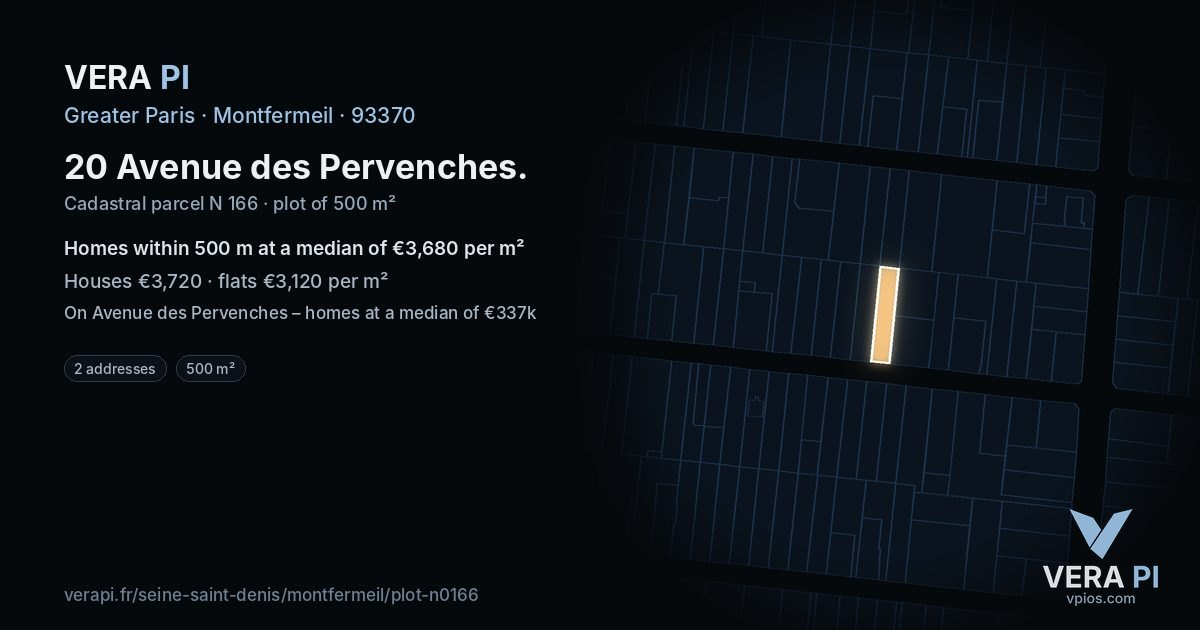 20 Avenue des Pervenches, Montfermeil at night – the plot lit, the parcels around coloured by the prices near them