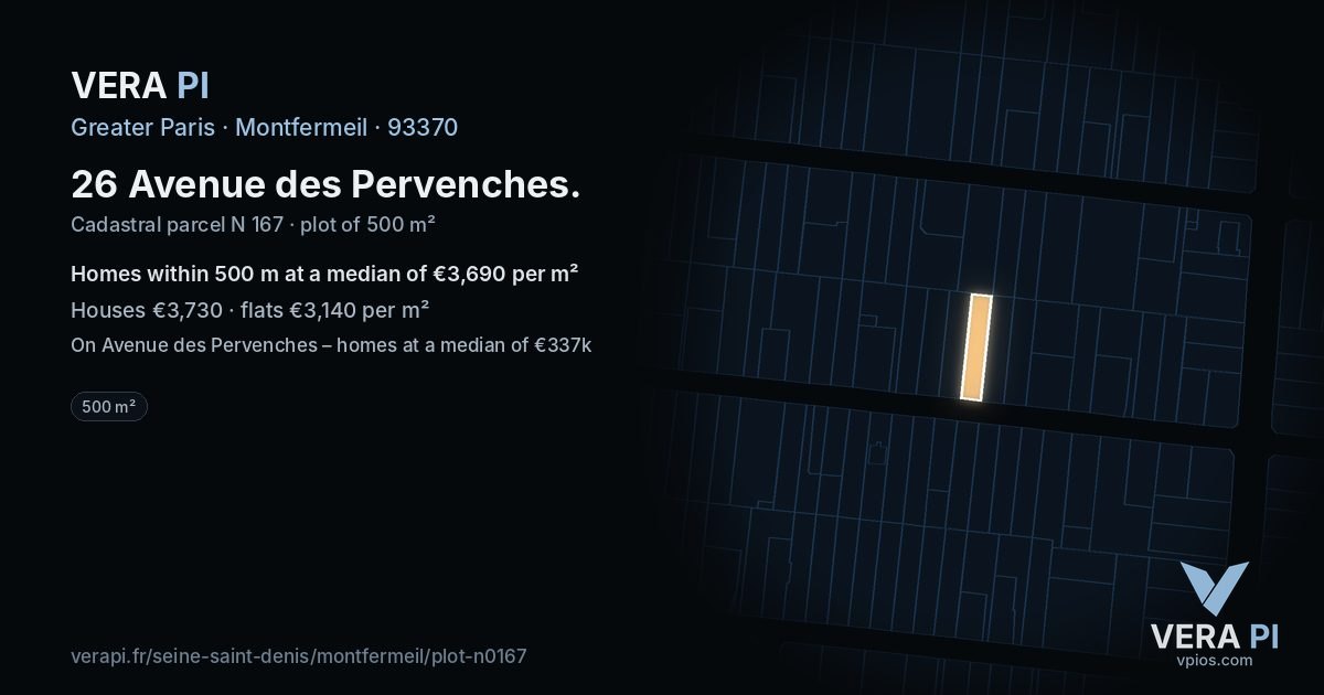 26 Avenue des Pervenches, Montfermeil at night – the plot lit, the parcels around coloured by the prices near them