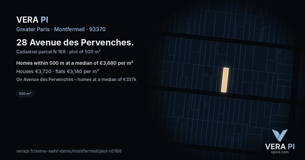 28 Avenue des Pervenches, Montfermeil at night – the plot lit, the parcels around coloured by the prices near them