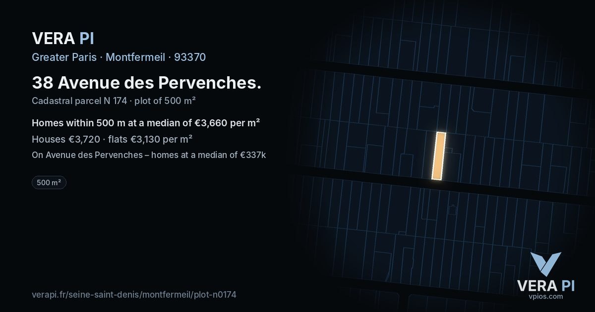 38 Avenue des Pervenches, Montfermeil at night – the plot lit, the parcels around coloured by the prices near them