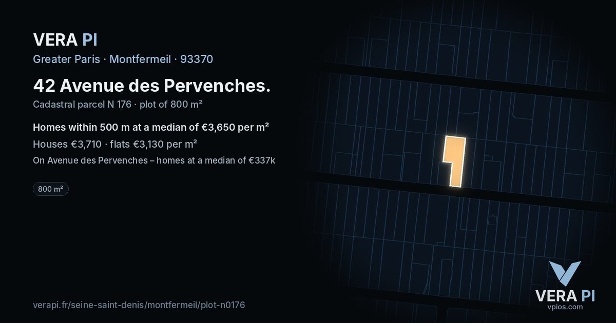 42 Avenue des Pervenches, Montfermeil at night – the plot lit, the parcels around coloured by the prices near them