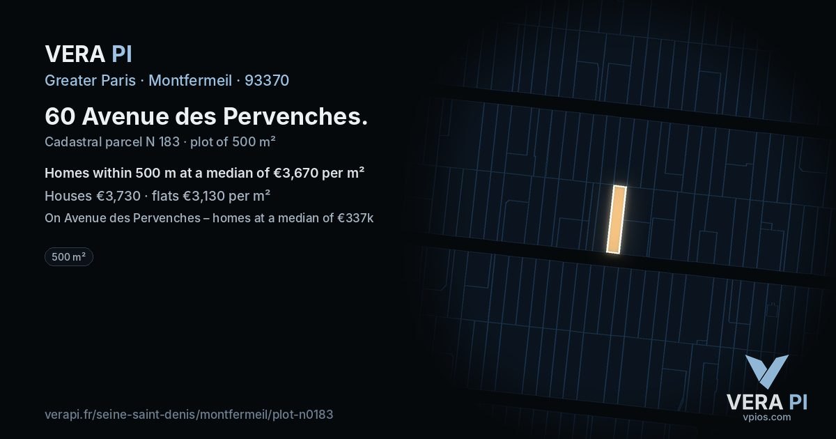 60 Avenue des Pervenches, Montfermeil at night – the plot lit, the parcels around coloured by the prices near them