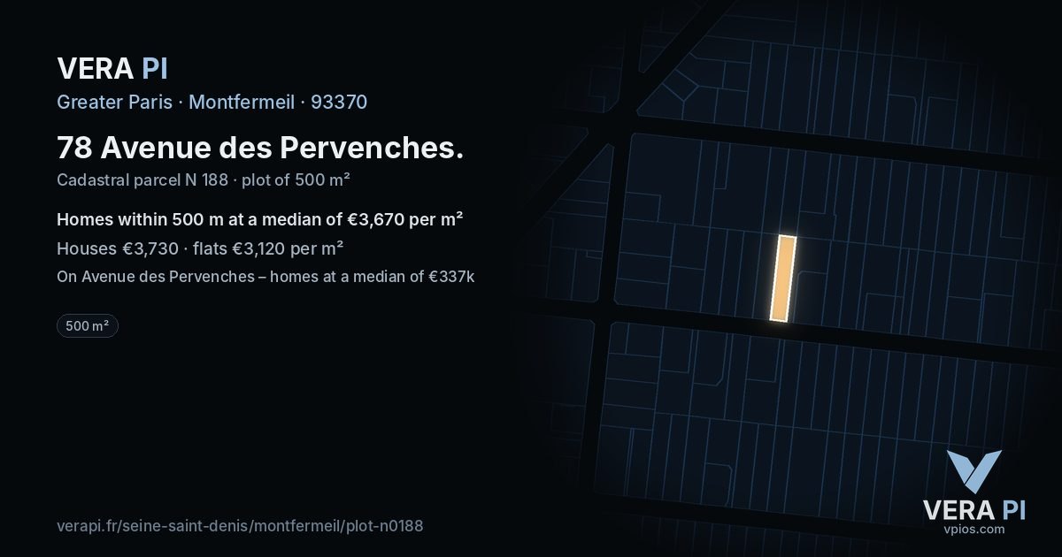 78 Avenue des Pervenches, Montfermeil at night – the plot lit, the parcels around coloured by the prices near them