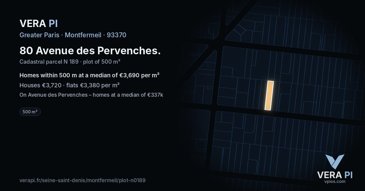 80 Avenue des Pervenches, Montfermeil at night – the plot lit, the parcels around coloured by the prices near them