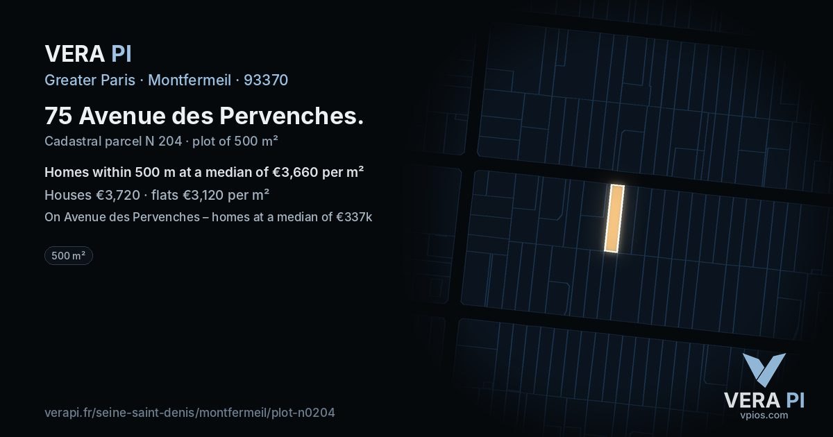 75 Avenue des Pervenches, Montfermeil at night – the plot lit, the parcels around coloured by the prices near them