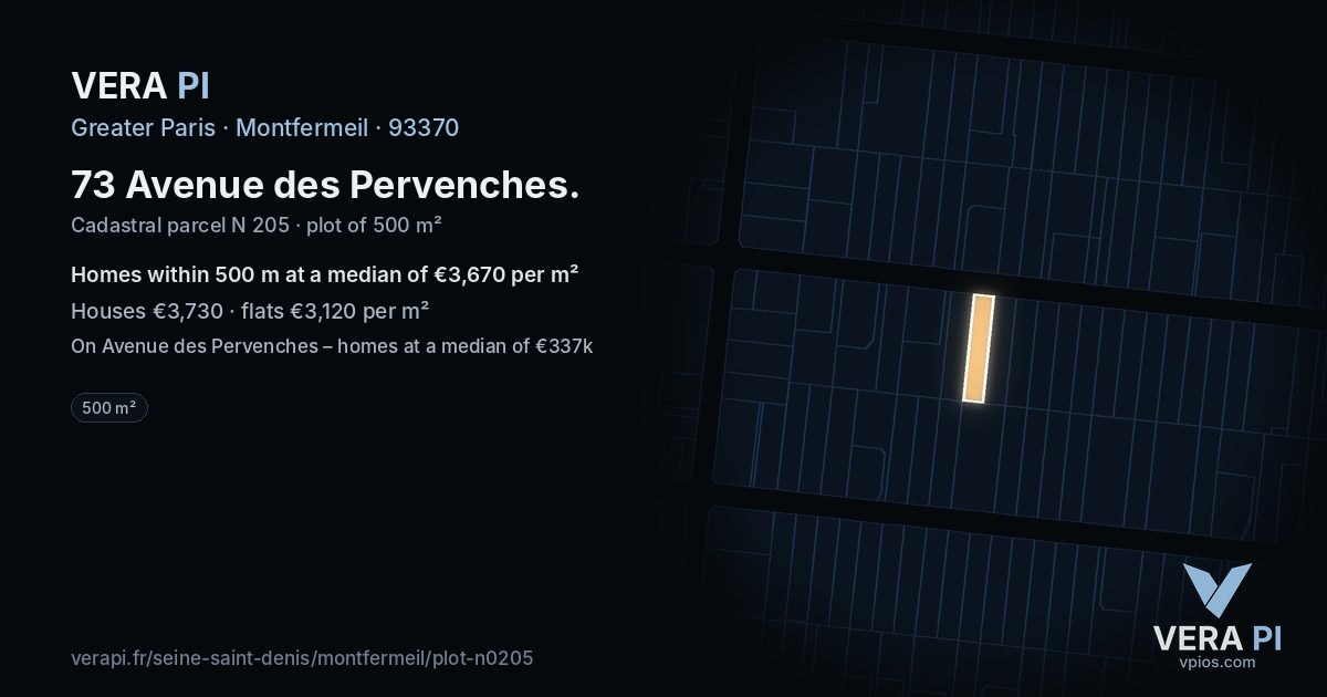 73 Avenue des Pervenches, Montfermeil at night – the plot lit, the parcels around coloured by the prices near them