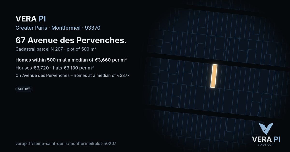 67 Avenue des Pervenches, Montfermeil at night – the plot lit, the parcels around coloured by the prices near them