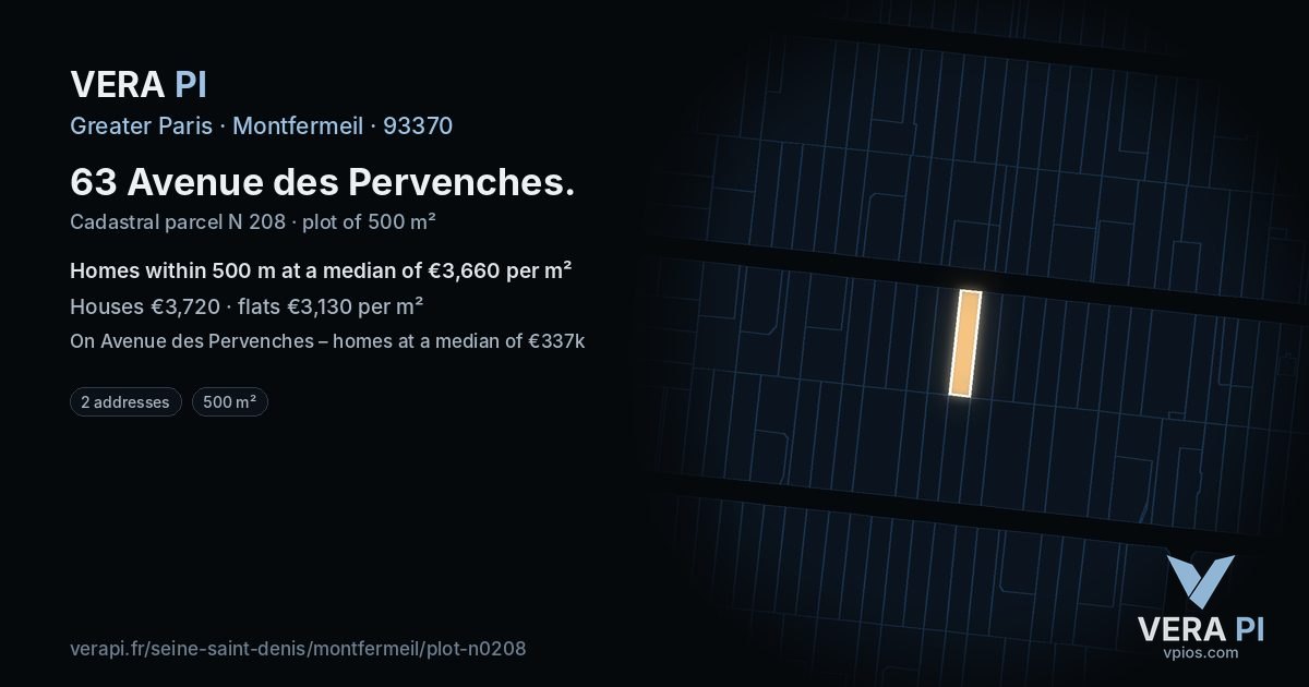 63 Avenue des Pervenches, Montfermeil at night – the plot lit, the parcels around coloured by the prices near them