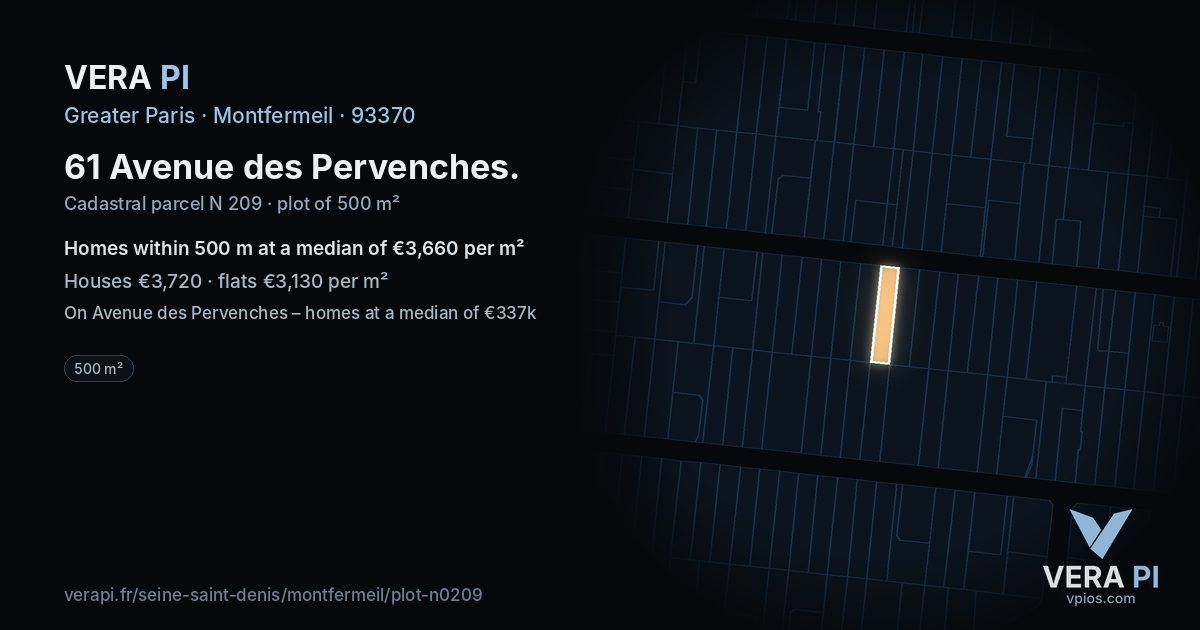 61 Avenue des Pervenches, Montfermeil at night – the plot lit, the parcels around coloured by the prices near them