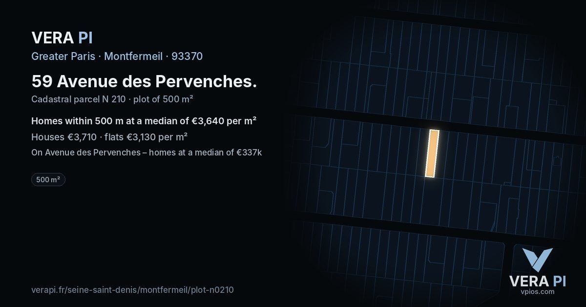 59 Avenue des Pervenches, Montfermeil at night – the plot lit, the parcels around coloured by the prices near them