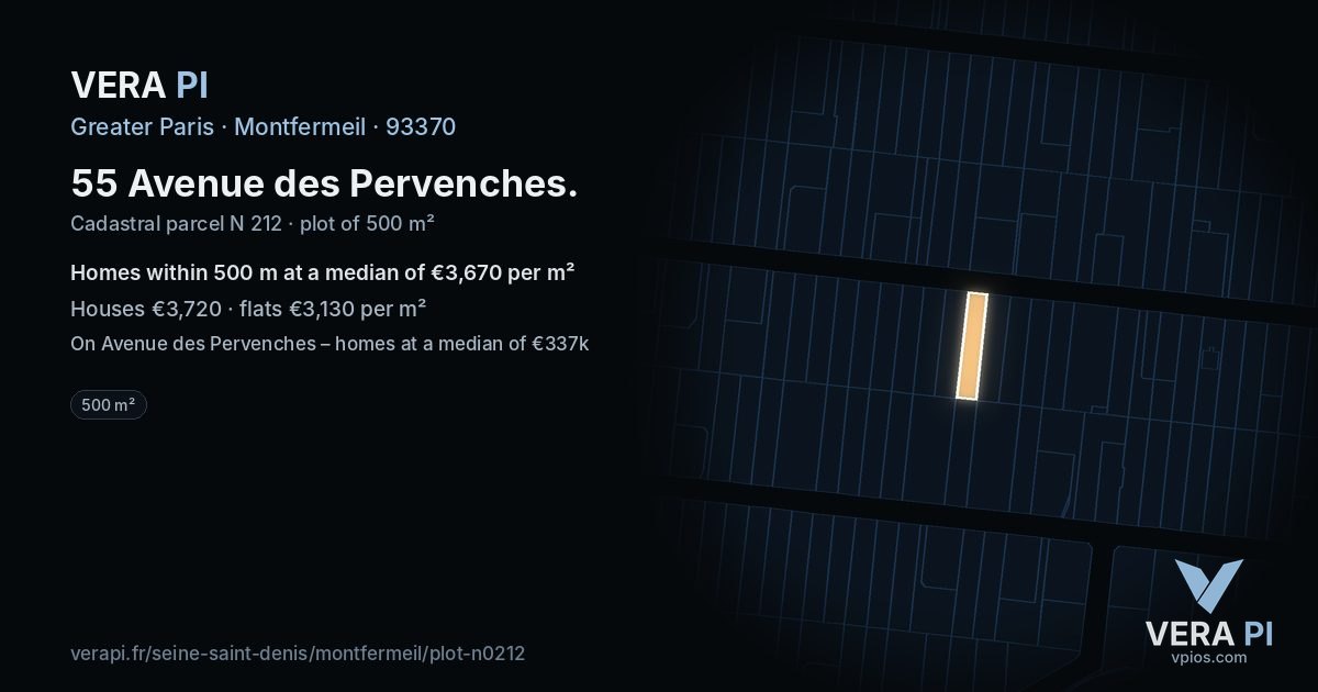 55 Avenue des Pervenches, Montfermeil at night – the plot lit, the parcels around coloured by the prices near them
