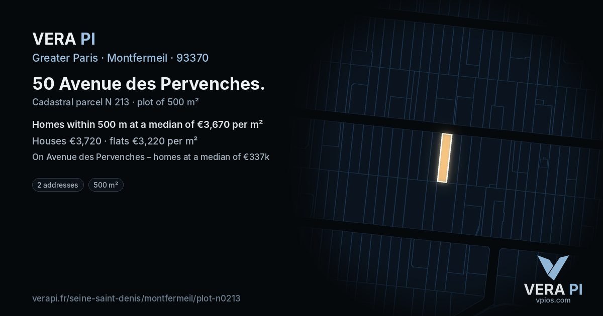 50 Avenue des Pervenches, Montfermeil at night – the plot lit, the parcels around coloured by the prices near them
