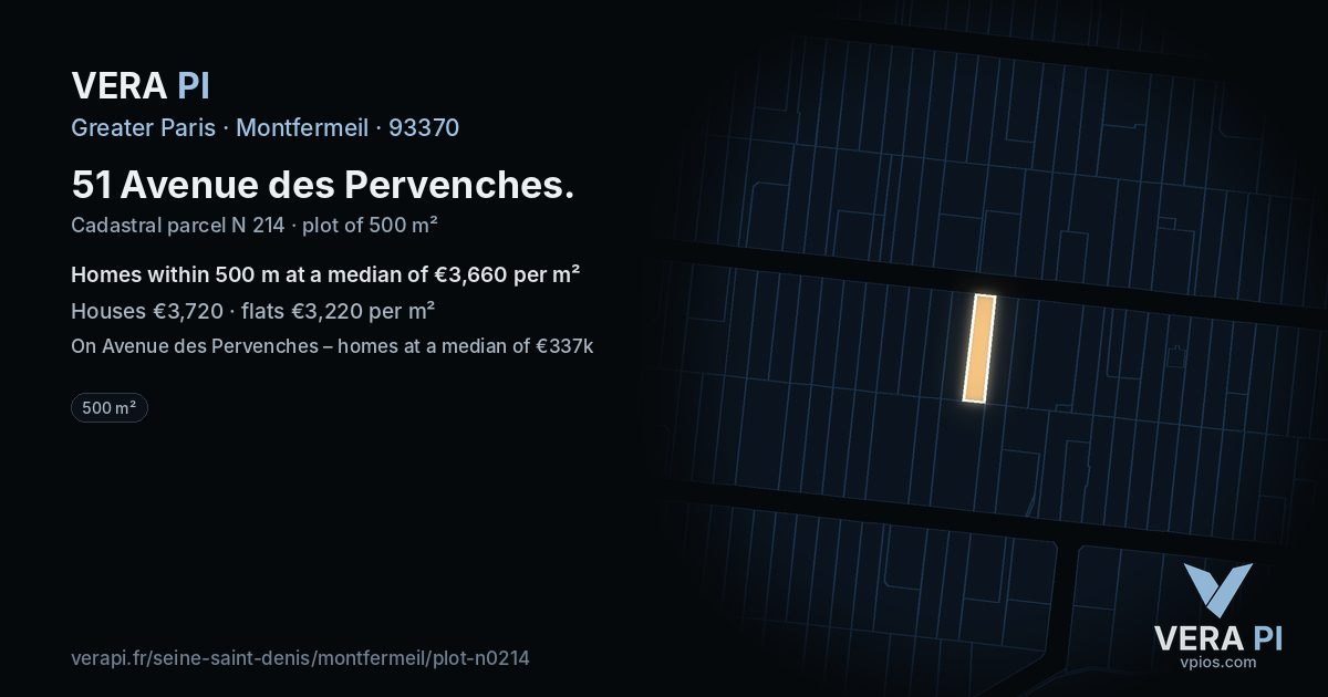 51 Avenue des Pervenches, Montfermeil at night – the plot lit, the parcels around coloured by the prices near them