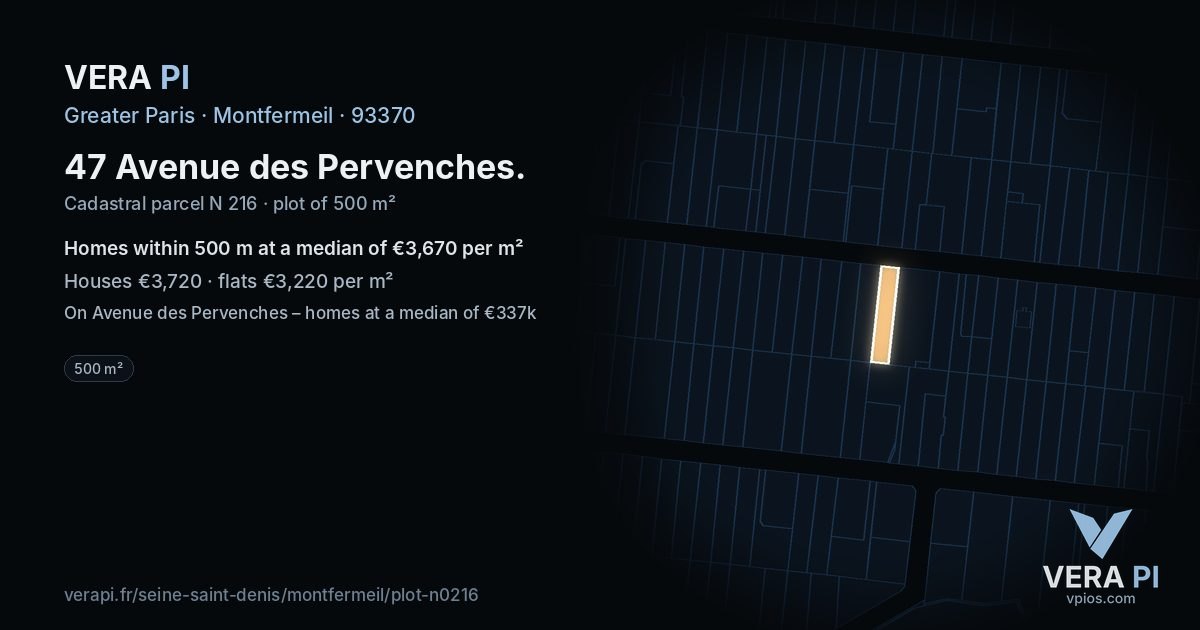 47 Avenue des Pervenches, Montfermeil at night – the plot lit, the parcels around coloured by the prices near them