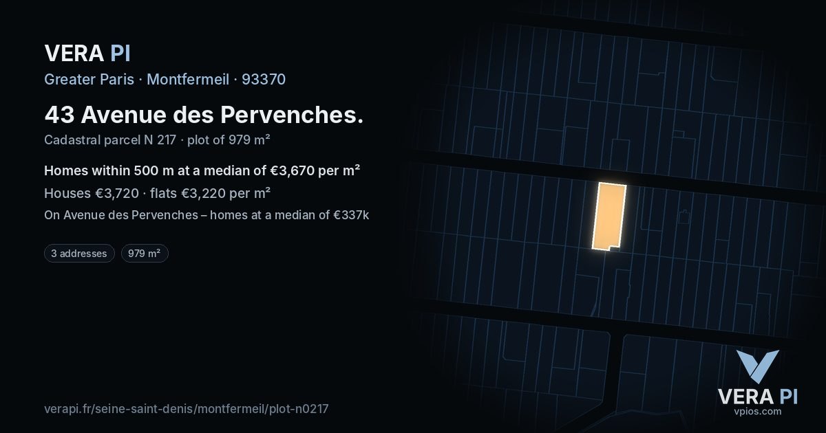 43 Avenue des Pervenches, Montfermeil at night – the plot lit, the parcels around coloured by the prices near them